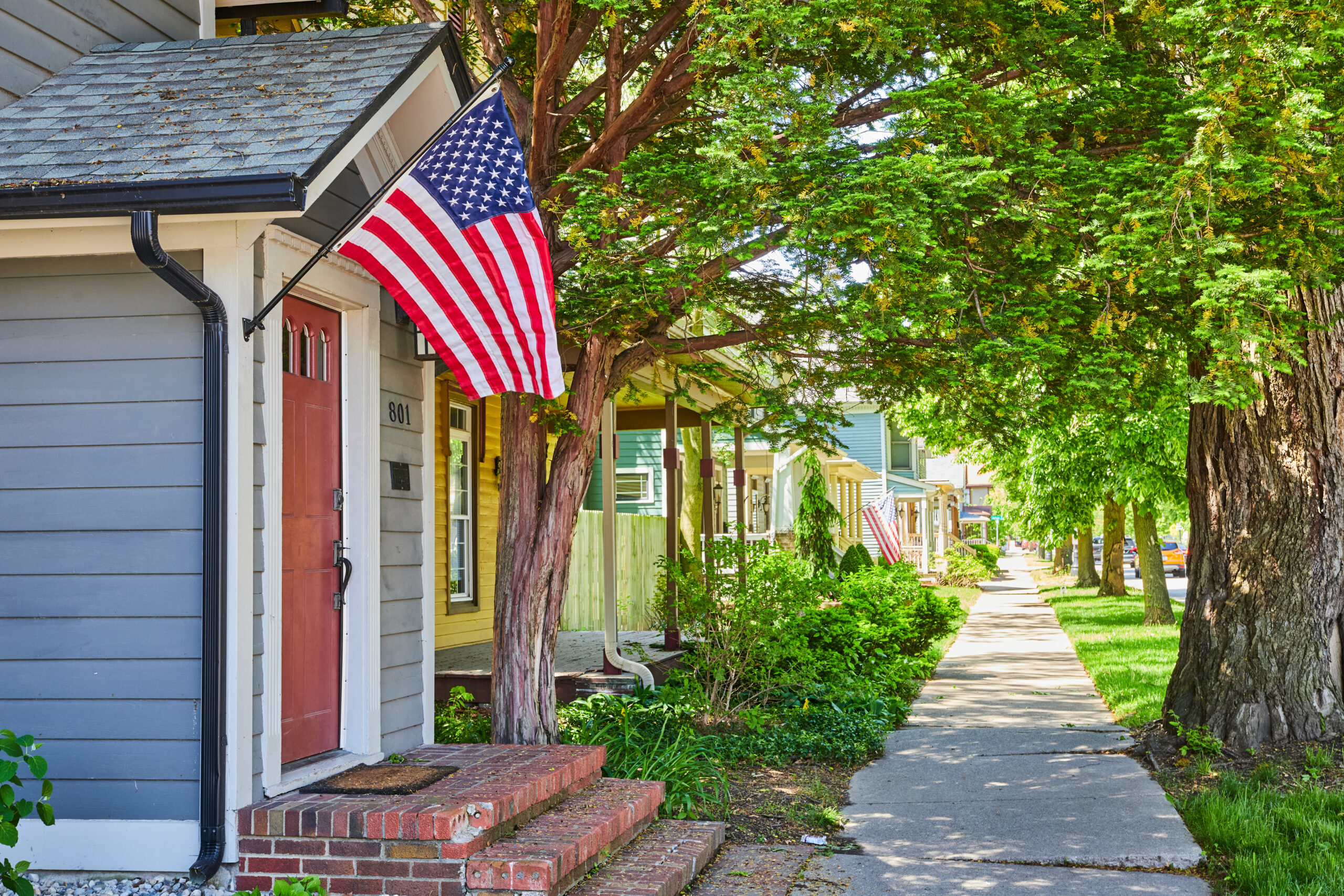 American flag on Suburban Home